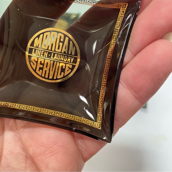 Vintage Ashtray Set Advertising Smoked Glass Gold Morgan Laundry Linen Service - Picture 9 of 9